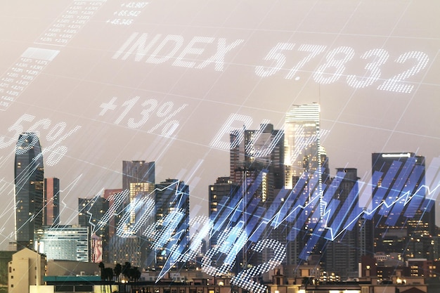 Multi exposure of abstract virtual financial graph hologram on Los Angeles skyline background forex and investment concept