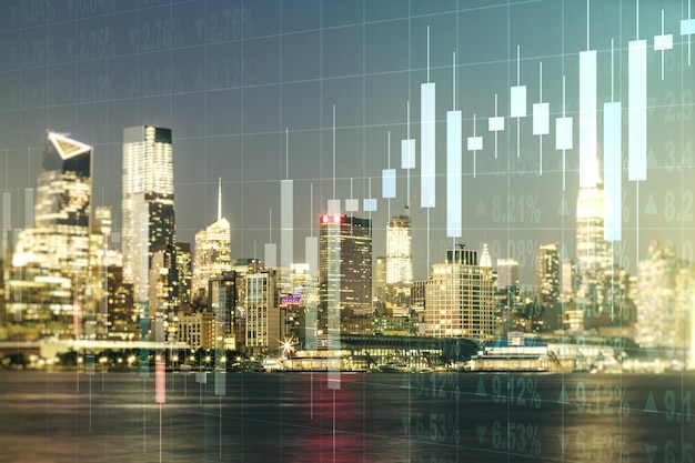 Photo multi exposure of abstract virtual financial graph hologram on new york skyline background forex and investment concept
