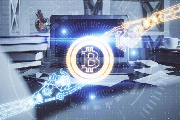 Multi exposure of blockchain theme hologram and table with computer background Concept of bitcoin crypto currency