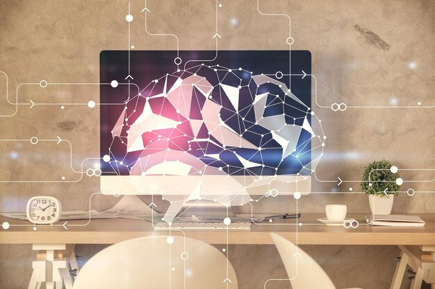 Photo multi exposure of brain drawing and office interior background concept of data technology