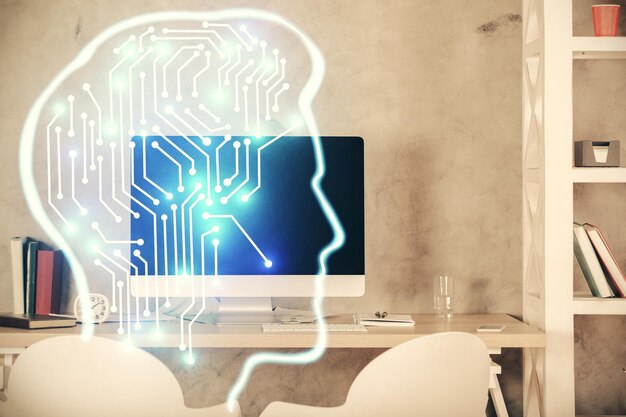 Multi exposure of brain drawing and office interior background Concept of data technology