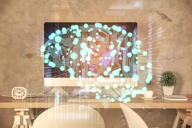 Photo multi exposure of brain drawing and office interior background concept of data technology