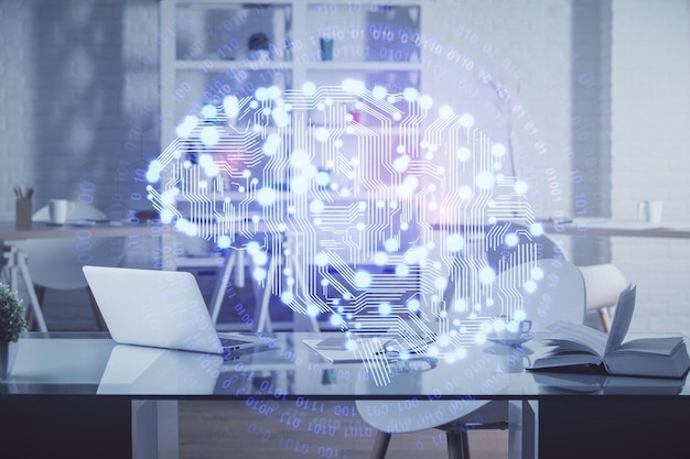 Multi exposure of brain drawing and office interior background Concept of data technology