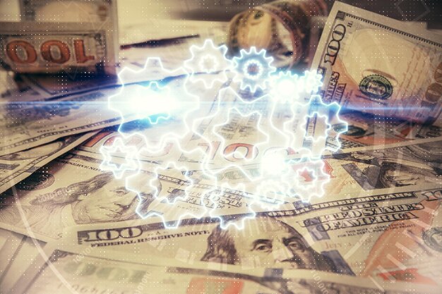 Multi exposure of business theme drawing over us dollars bill background Concept of financial success