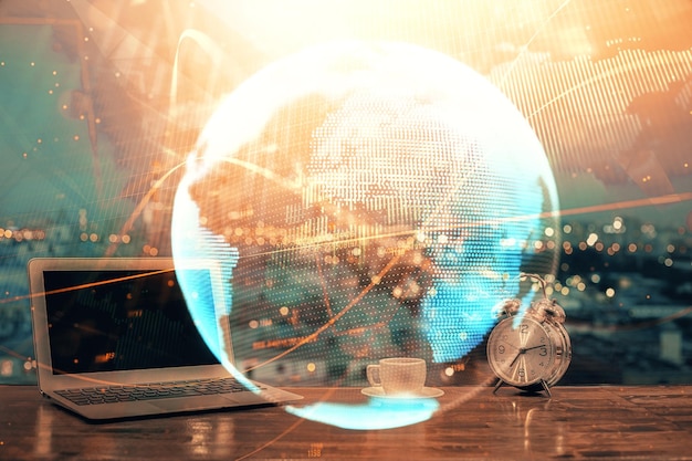 multi exposure of business theme icons and table with computer background concept of success