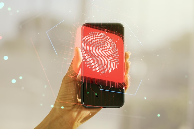 multi exposure of creative fingerprint hologram and hand with cell phone on background personal biometric data concept