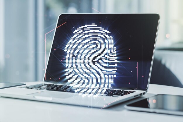 Multi exposure of creative fingerprint hologram on laptop background personal biometric data concept