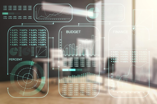 Photo multi exposure of creative statistics data hologram and modern desktop with laptop on background stats and analytics concept