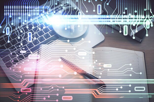 multi exposure of data theme drawing hologram over topview work desk background with computer concept of technology