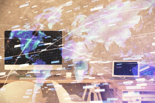 Multi exposure of data theme drawing and office interior background Concept of technology