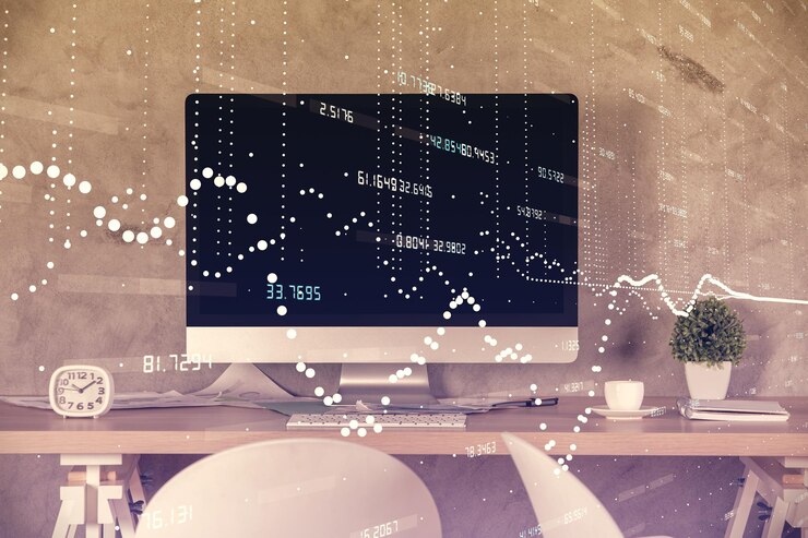 Photo multi exposure of data theme drawing and office interior background concept of technology