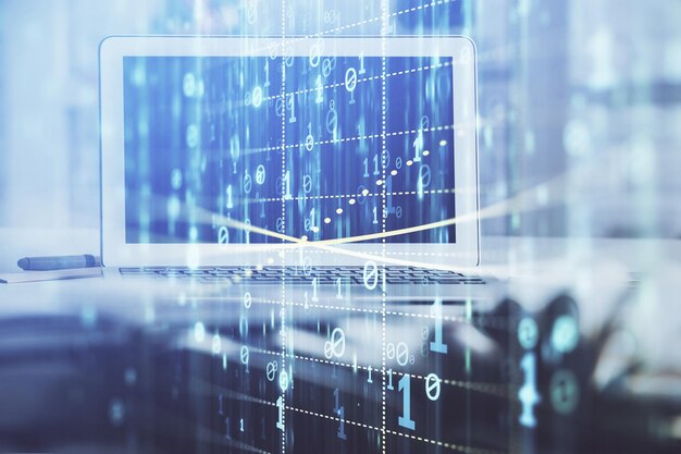 デスクトップコンピュータとテクノロジーテーマのホログラム ソフトウェア開発の概念