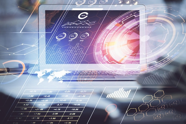 multi exposure of desktop computer and technology theme hologram concept of software development