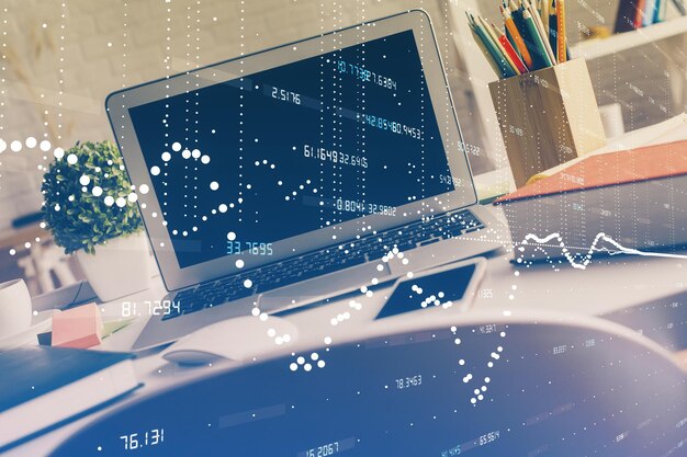 パーソナルコンピュータとテクノロジーテーマの絵のデスクトップのマルチエクスポージャー ビッグデータの概念