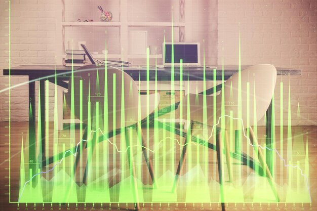Photo multi exposure of financial graph drawing and office interior background concept of market analysis