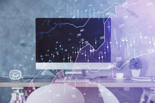 Multi exposure of financial graph drawing and office interior background Concept of market analysis