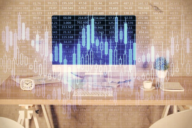 Multi exposure of financial graph drawing and office interior background concept of market analysis