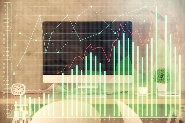 Мульти-экспозиция финансового графика и внутреннего фона офиса Концепция анализа рынка