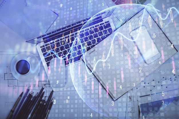 Multi exposure of forex chart drawing over table background with computer Concept of financial research and analysis Top view