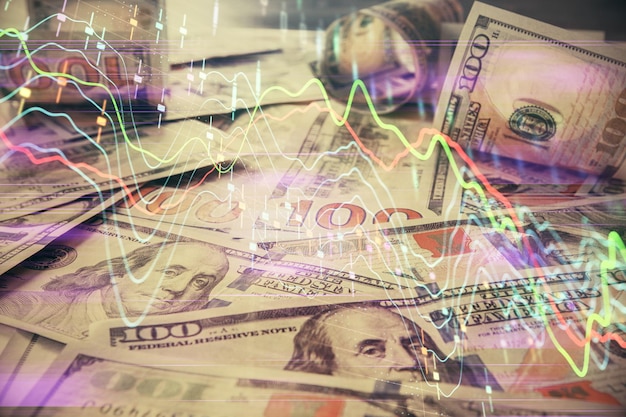 Foto esposizione multipla del disegno grafico forex su sfondo di fattura di dollari usa concetto di successo finanziario dei mercati