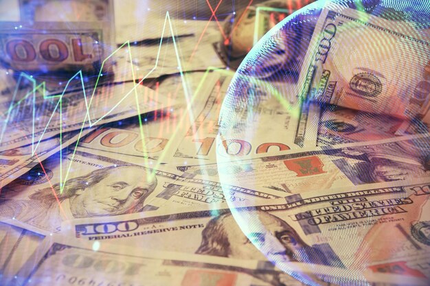 Photo multi exposure of forex chart drawing over us dollars bill background concept of financial success markets