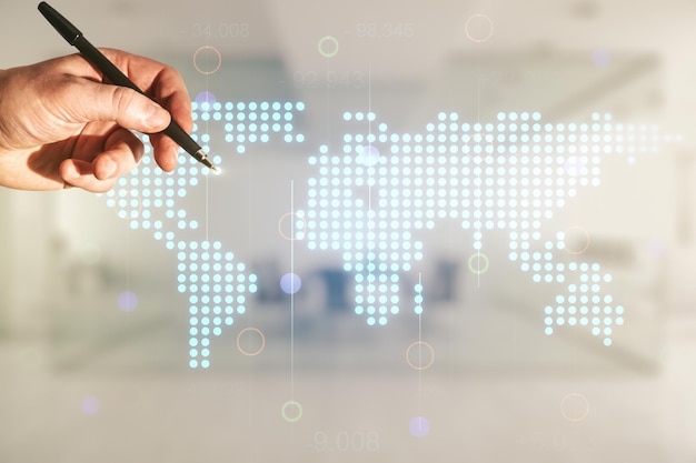 multi exposure of man hand with pen working with abstract graphic world map on blurred office background connection and communication concept