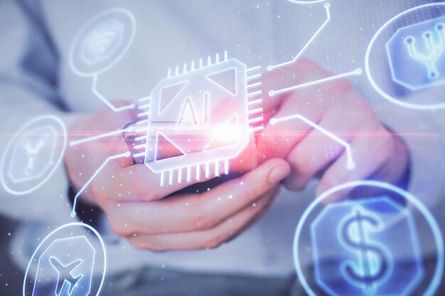 multi exposure of man's hand holding and using a digital device and data theme drawing innovation concept