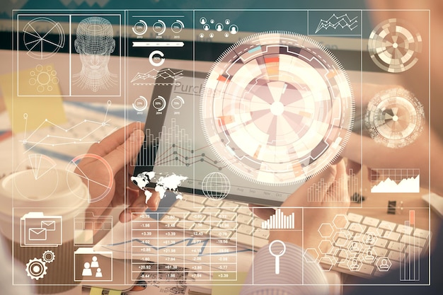 multi exposure of man's hands holding and using a digital device and data theme drawing innovation concept