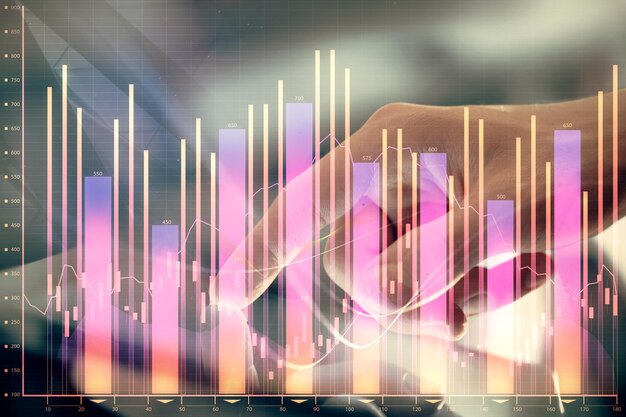 Multi exposure of man's hands holding and using a phone and financial chart drawing Market analysis concept