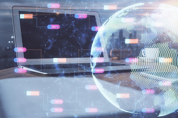 写真 multi exposure of table with computer and world map hologram international data network concept