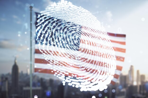 写真 米国旗とぼやけた街並みの背景デジタル アクセスの概念上の仮想抽象的な指紋イラストの多重露出