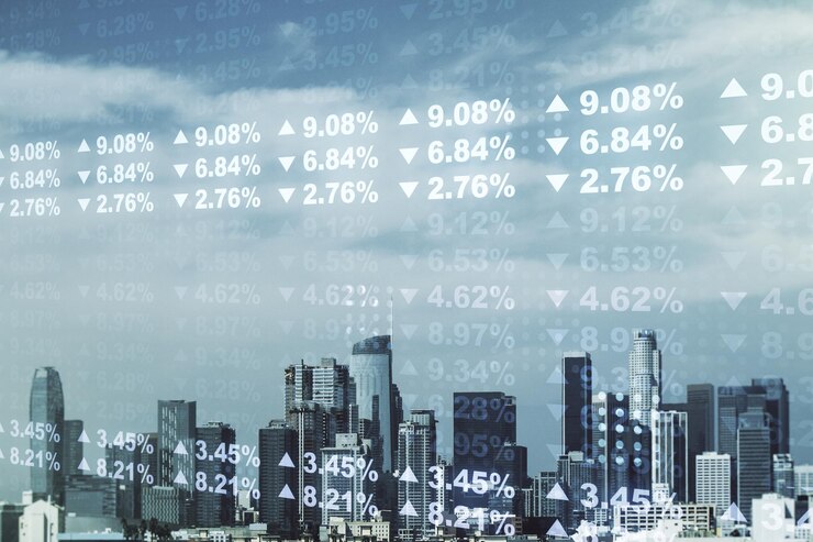 Photo multi exposure of stats data illustration on los angeles city skyline background computing and analytics concept