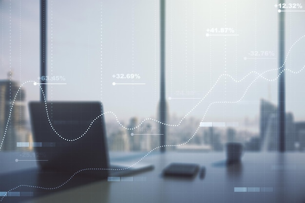 Multi exposure of stats data illustration and modern desktop with computer on background computing and analytics concept