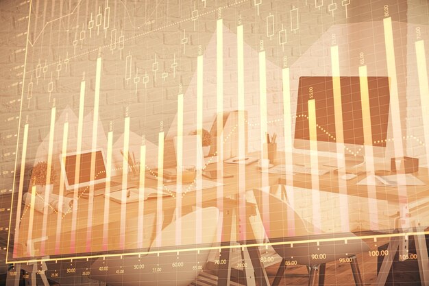 Multi exposure of stock market chart drawing and office interior background Concept of financial analysis