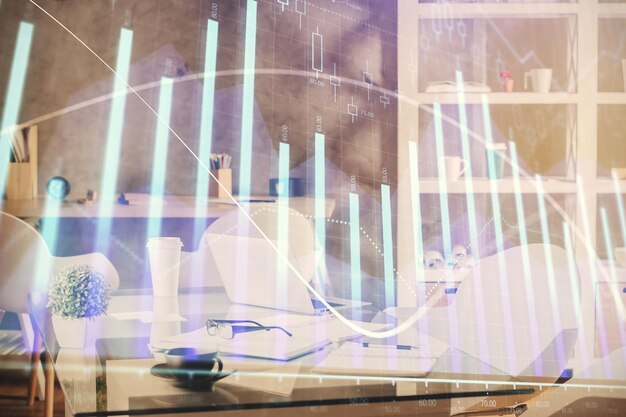株式市場のチャート描画とオフィス内部の背景の多重露光 財務分析の概念