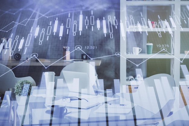株式市場のチャート描画とオフィス内部の背景の多重露光 財務分析の概念