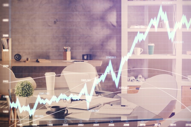 Multi exposure of stock market chart drawing and office interior background Concept of financial analysis