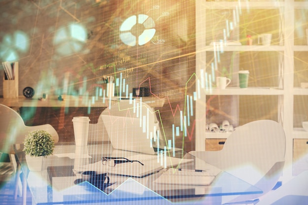 Photo multi exposure of stock market chart drawing and office interior background concept of financial analysis