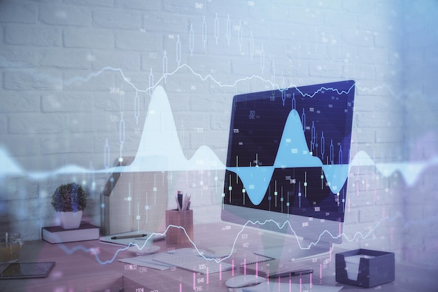 Multi exposure of stock market chart drawing and office interior background Concept of financial analysis