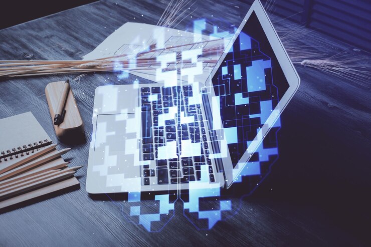 Photo multi exposure of table with computer on background and data theme drawing concept of innovation