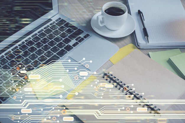 Photo multi exposure of technology theme drawing and desktop with coffee and items on table background concept of data research