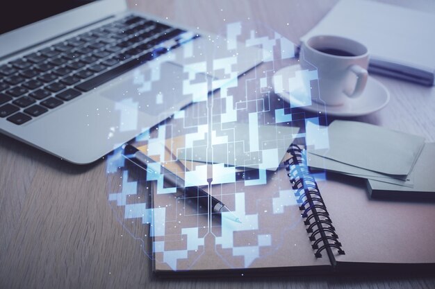 Multi exposure of technology theme drawing and desktop with coffee and items on table background Concept of data research