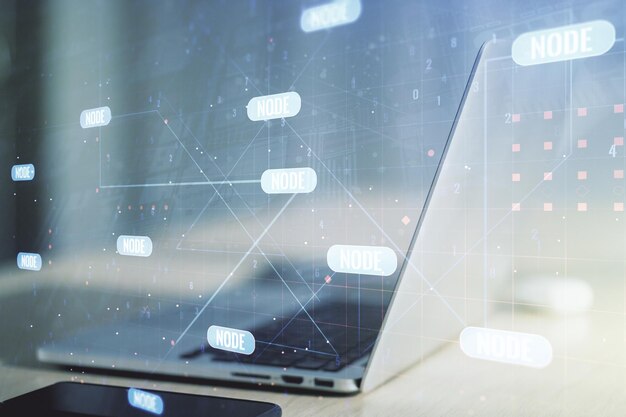 Multi-exposure van abstract softwareontwikkelingshologram op laptop achtergrondonderzoek en analytisch concept