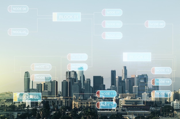 Multi-exposure van abstracte creatieve codering schets op Los Angeles stad skyline achtergrond kunstmatige intelligentie en neurale netwerken concept