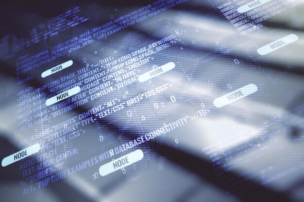 Multi-exposure van abstracte grafische codering schets en wereldkaart op abstracte metalen achtergrond big data en netwerkconcept