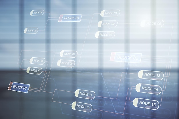 Multi exposure van abstracte grafische coderingsschets op modern interieur achtergrond big data en netwerkconcept