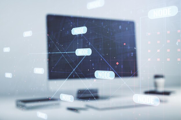 Multi-exposure van abstracte programmeertaal hologram op computer achtergrond kunstmatige intelligentie en neurale netwerken concept