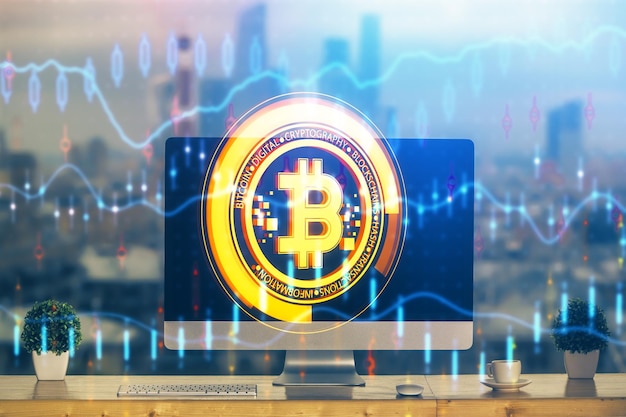 Multi-exposure van blockchain-thema hologram en tabel met computerachtergrond Concept van bitcoin cryptovaluta