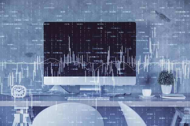 Multi-exposure van financiële grafieken en kantoorinterieur achtergrond Concept van marktanalyse