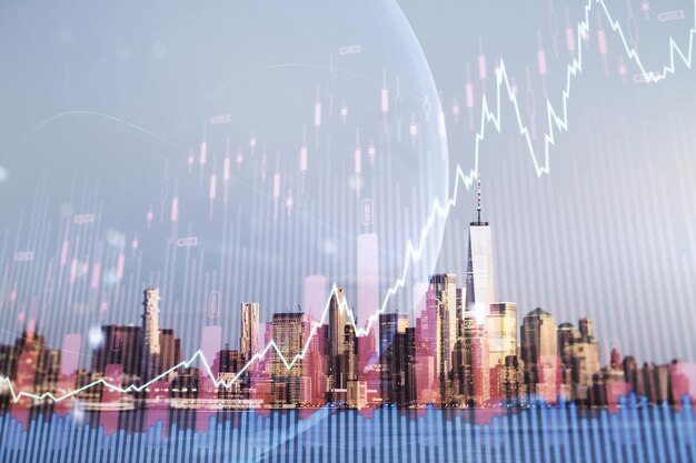 Multi exposure van virtuele creatieve financiële grafiek en wereldkaart op de skyline van New York als achtergrond forex en investeringsconcept